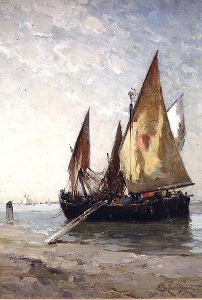 Barche da pesca ormeggiate sulla spiaggia da E. Aubrey Hunt