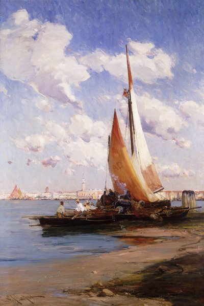 Imbarcazioni da pesca con la Rivere degli Schiavoni, Venezia, sullo sfondo da E. Aubrey Hunt