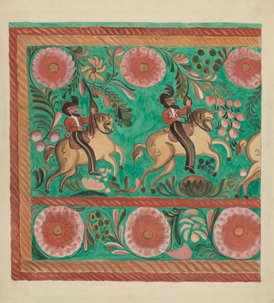 Cassapanca di pino nativo, dipinta a olio, 1935-1942 da E. Boyd