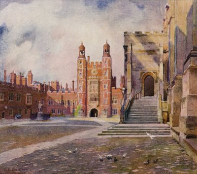 Eton: Il cortile della scuola, i gradini della cappella e la torre di Lupton da E. D. Brinton