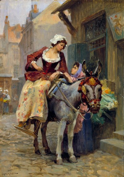 Il piccolo asino. Una donna che cavalca un asino. Collezione privata da E. Dameron
