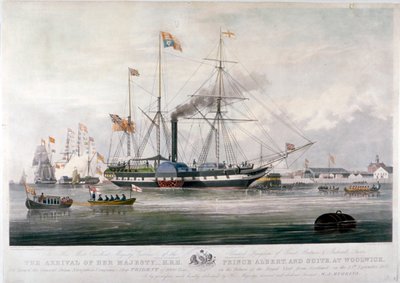La regina Vittoria e il principe Alberto arrivano al cantiere navale reale, Woolwich, Kent da E Duncan
