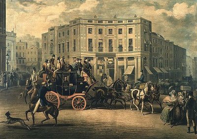 "The Age" Brighton Coach al Bull and Mouth, Regent Circus (incisione) da E. F. Lambert