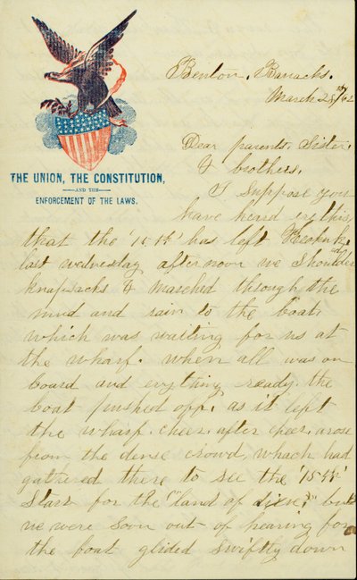 Lettera firmata E.G. Black, Benton Barracks, Mo., ai suoi genitori, sorella e fratelli, 28 marzo 1862 da E. G. Black