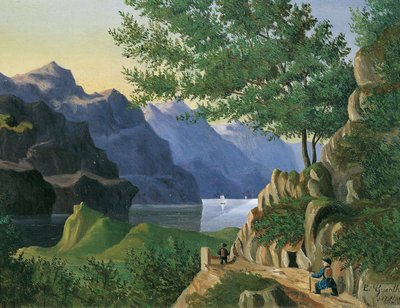 Lago di montagna con escursionista da E. Guenther