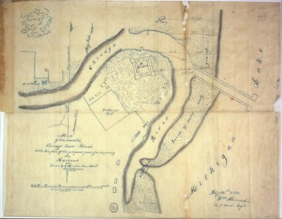 Mappa della foce del fiume Chicago, Illinois con il piano dei moli proposti per migliorare il porto, 1830 da E. Harrison