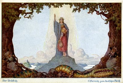 Storia. Unione di Austria e Germania. Allegoria di E. Kutzer, Austria, c.1920 (cartolina) da E. Kutzer