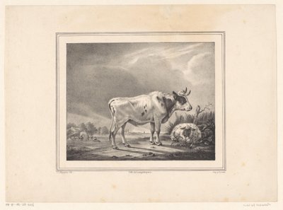 Mucca in piedi e pecora sdraiata nel paesaggio da E. L. Huygens (possibly)