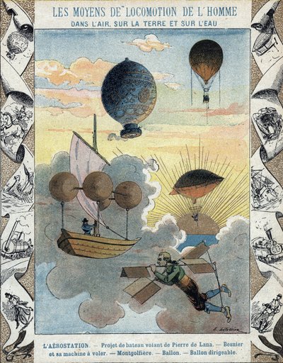 Aerostazione - Progetto di barca volante di Pierre de Lana - Aeromobile volante di Besnier (1678) - Pallone - Pallone - Dirigibile - illustrazione di E Letellier da E. Letellier