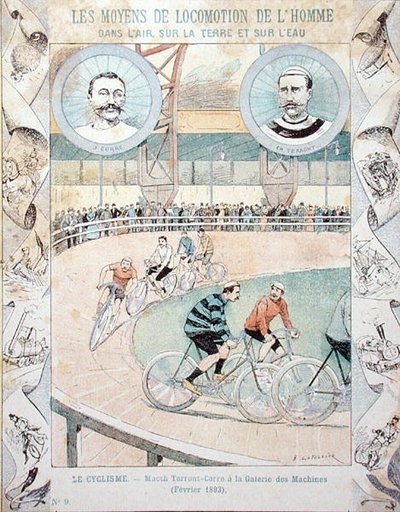Charles Terront e Jules Corre alla Galerie des Machines nel febbraio 1893, da un libro scolastico da E. Letellier