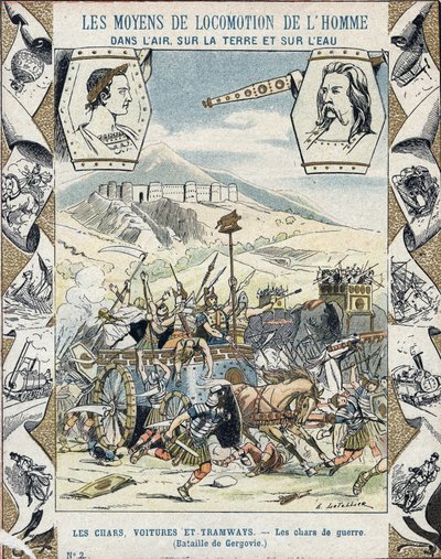 Carri da guerra gallici alla battaglia di Gergovia - Da una copertina protettiva per libri scolastici, fine XIX secolo - Tanks de guerre a faux - Vercingetorige alla battaglia di Gergovia (52 a.C.) durante la guerra dei Galli - illustrazione di E Letellier da E. Letellier
