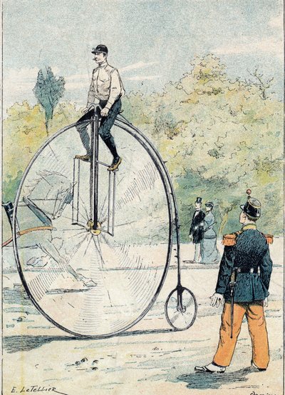 Grand bi con diametro della ruota anteriore superiore a 1,50 m - Da una copertina protettiva per libri scolastici, fine XIX secolo - illustrazione di E. Letellier - Quaderno storico protetto, fine XIX secolo da E. Letellier