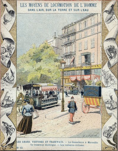 La Canebière a Marsiglia - il tram elettrico - le auto reclamano - illustrazione di E Letellier - Proteggi quaderno storico, fine XIX secolo da E. Letellier