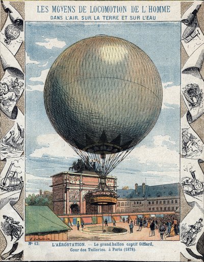 Operazione di gonfiaggio e attrezzatura del pallone frenato di Henry Giffard alle Tuileries a Parigi 1878 - Da una copertina protettiva per libri scolastici, fine XIX secolo - illustrazione di E Letellier - esposizione universale del 1878 a Parigi: gonfiag da E. Letellier