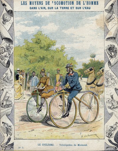 Pierre Michaux e velocipedi Michaudine - Da una copertina protettiva per libri scolastici, fine XIX secolo - velocipedi a pedale (le michaudine) di Pierre Michaux (1813-1883) da E. Letellier