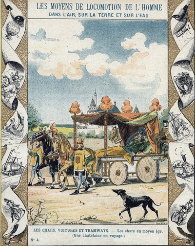 Carri armati nel Medioevo - Una castellana in viaggio - illustrazione di E Letellier - Taccuino storico, fine XIX secolo da E. Letellier