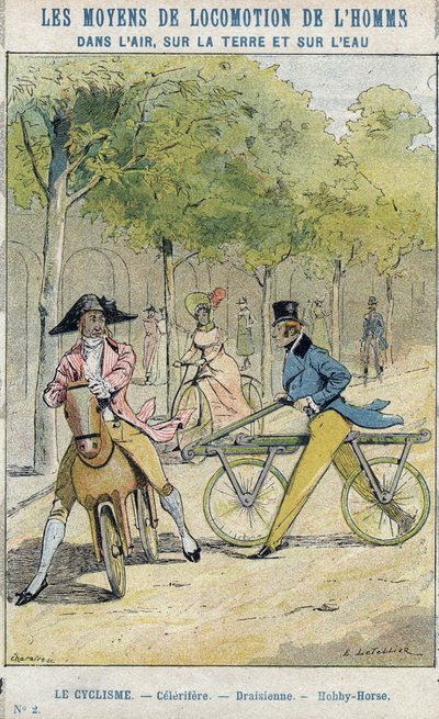 Velocipedi - Celerifero inglese - Draisienne, antenato della bicicletta - Da una copertina protettiva per libri scolastici, fine XIX secolo - illustrazione di E Letellier da E. Letellier