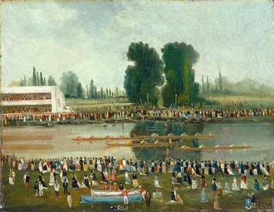 Scena di canottaggio: folle che guardano dalle rive del fiume da E. Levy