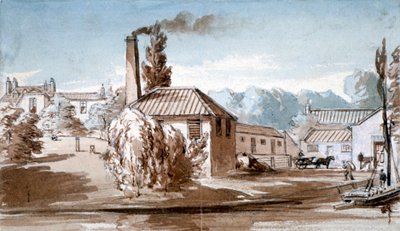 Veduta delle fabbriche di amido Stephenson e Giles a Old Ford, Bow, Londra da E Noyce