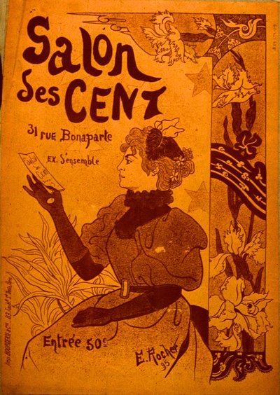 Una donna che esamina un invito, Salon des Cent da E. Rocher