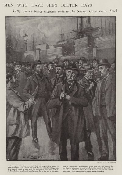 Uomini che hanno visto giorni migliori: impiegati di conteggio ingaggiati fuori dal Surrey Commercial Dock, Londra da E. S. (after) Hodgson