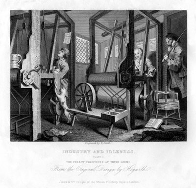 I compagni apprendisti ai loro telai, tavola I di Industria e Ozio, 1833 da E. Smith