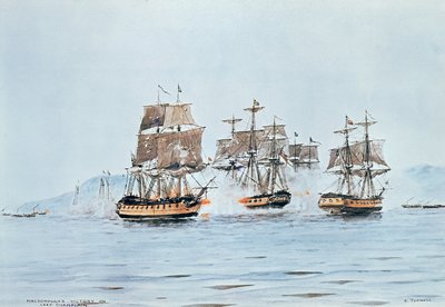 Il Commodoro Macdonough nella Saratoga sconfigge i britannici, Battaglia del Lago Champlain da E. Tufnell
