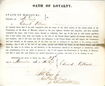 Giuramento di fedeltà di Edward Villmer del Missouri, Contea di St. Louis da E. Villmer