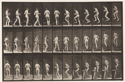 Girarsi e salire le scale, brocca e bicchiere in mano, 1872-1885 da Eadweard Muybridge