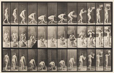 Piatto 221. Piegandosi e sollevando un cesto da 12 libbre alla testa da Eadweard Muybridge