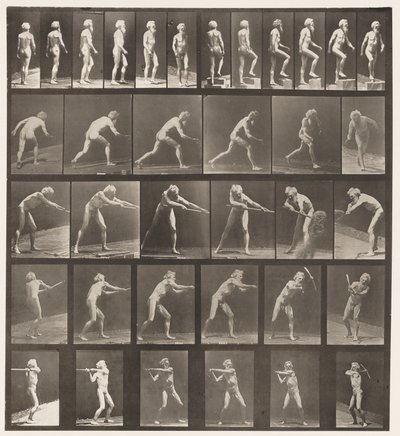 Camminare, salire un gradino, lanciare un disco (tavola 521) da Eadweard Muybridge