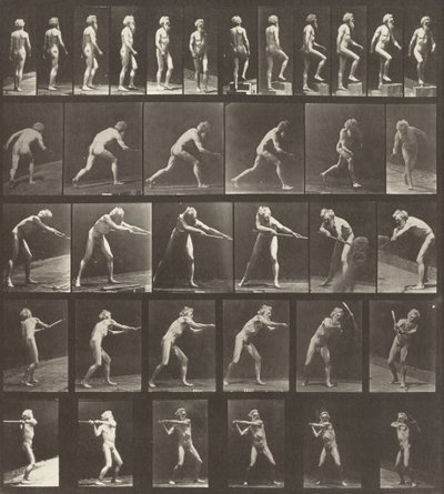 Tavola numero 521. A: Camminare. B: Salire un gradino. C: Lanciare il disco. D: Usare una pala. E, F: Usare un piccone da Eadweard Muybridge
