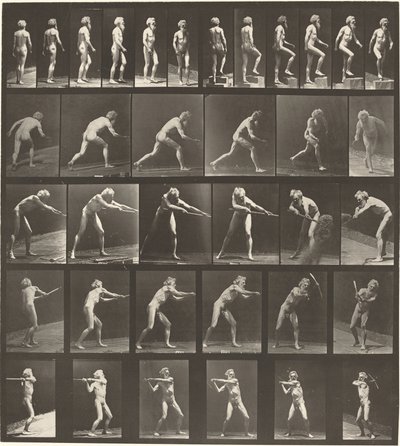 Tavola numero 521. A: Camminare. B: Salire un gradino. C: Lanciare il disco. D: Usare la pala. E, F: Usare il piccone da Eadweard Muybridge