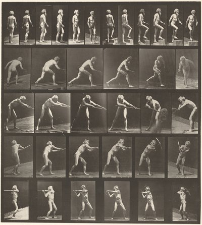 Targa numero 521. A: Camminata. B: gradino ascendente. C. Lancio del disco. D: Uso della pala. E, F. Uso del piccone, 1887 (foto) da Eadweard Muybridge
