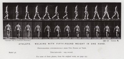 La figura umana in movimento: Atleta, camminando con un peso di cinquanta libbre in una mano da Eadweard Muybridge
