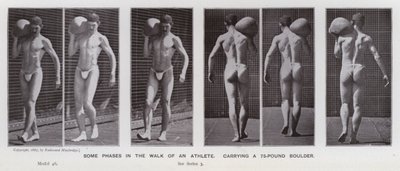 La figura umana in movimento: Alcune fasi della camminata di un atleta, portando un masso di 75 libbre da Eadweard Muybridge