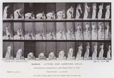 La figura umana in movimento: Donna, che solleva e trasporta un bambino da Eadweard Muybridge