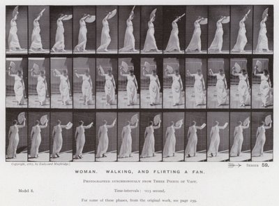 Figura umana in movimento: Donna che cammina e sventola un ventaglio da Eadweard Muybridge