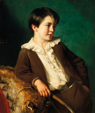 Ritratto di Master John Lethbridge di Tregeare Manor, Launceston, Devon, a tre quarti di lunghezza, in un abito marrone con una frusta, appoggiato su una pelle di animale da Eden Upton Eddis