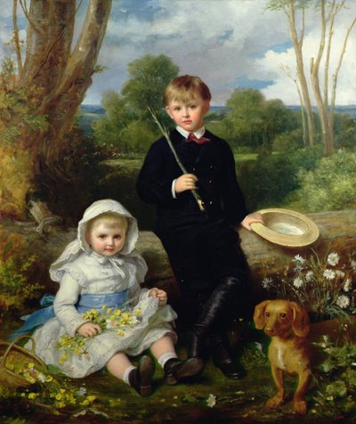 Ritratto di un fratello e una sorella con il loro cane in un paesaggio boscoso da Eden Upton Eddis