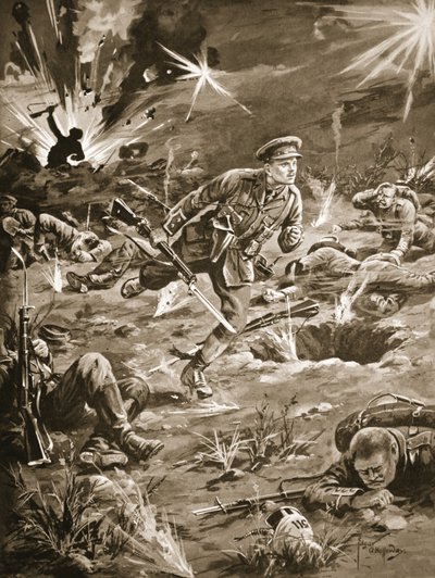 Il Tenente Geary che corre, sotto pesante fuoco di artiglieria, verso una trincea a destra di Hill 60 per entrare in contatto con un ufficiale da Edgar Alfred Holloway