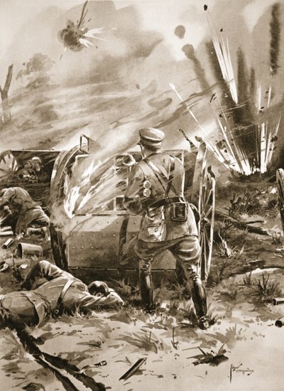 Il maggiore Warren rimuove cartucce da un carro di munizioni in fiamme a grande rischio personale da Edgar Alfred Holloway