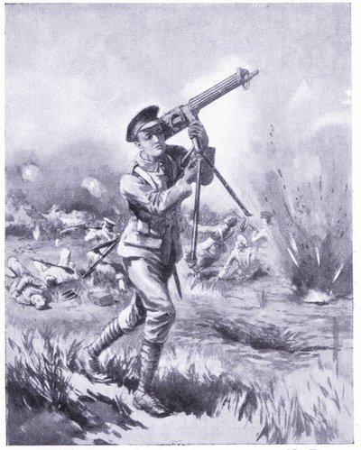 Il soldato Lynn che porta via una mitragliatrice per la riparazione sotto il fuoco pesante alla battaglia di Aisne. Premiato DCM 1915 da Edgar Alfred Holloway