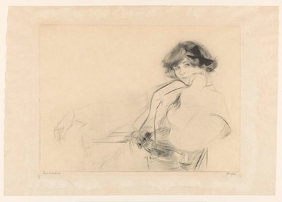 Giovane donna con un fiocco nei capelli seduta su una sedia da Edgar Chahine (signed by artist)