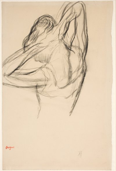 Ballerina che si sistema i capelli; mezzobusto in profilo verso sinistra, di spalle da Edgar Degas