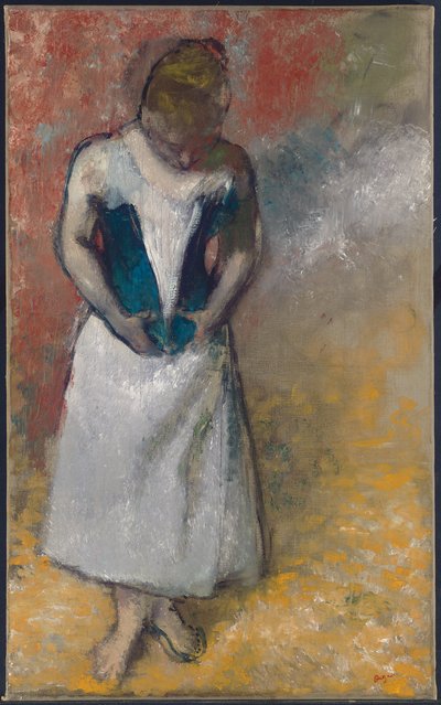 Donna in piedi di fronte, stringendo il corsetto, 1883 da Edgar Degas