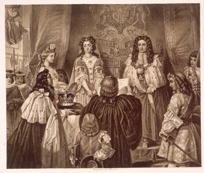 La corona offerta a Guglielmo e Maria dai Lord e dai Comuni a Whitehall, 12 febbraio da Edgar Melville (after) Ward