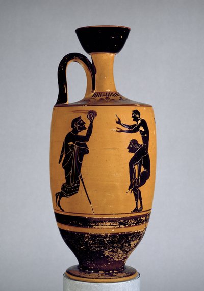 Lekythos a figure nere attiche decorata con un vecchio che lancia una palla a un giovane, c.500 a.C. da Edinburgh Painter