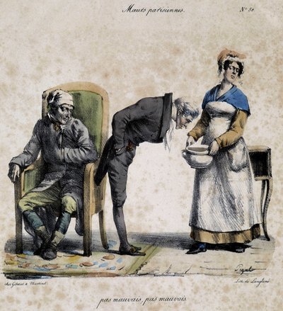Malato, medico che guarda nella pentola e servitore. Cartone animato dei costumi parigini di Pigal (XIX secolo), conservato al Museo Dobree di Nantes. da Edme Jean (after) Pigal