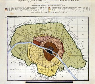 (dettaglio) Atlas du Plan General de la Ville de Paris, mostrando le diverse aggiunte storiche alla città da Edme Verniquet